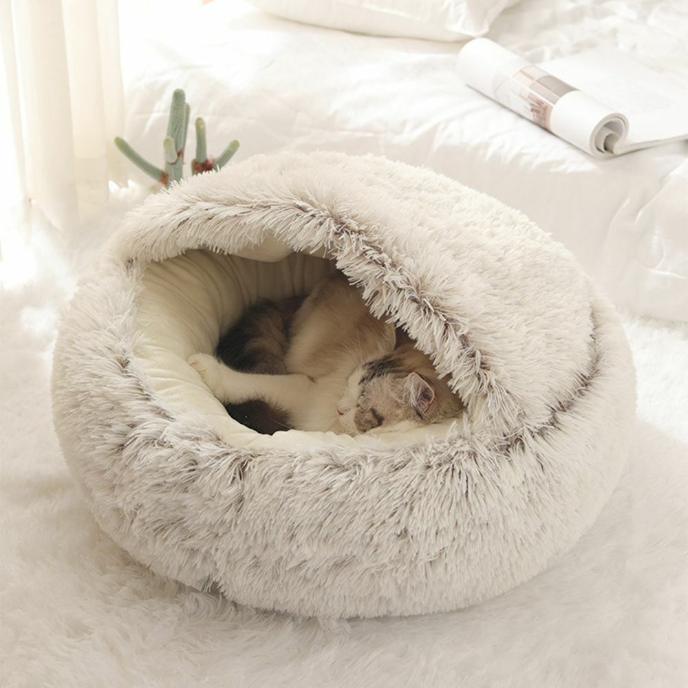 Hooded Cat Bed with Raised Rim – Plush Donut Nest for Anxious Cats, Semi-Enclosed Design for Security