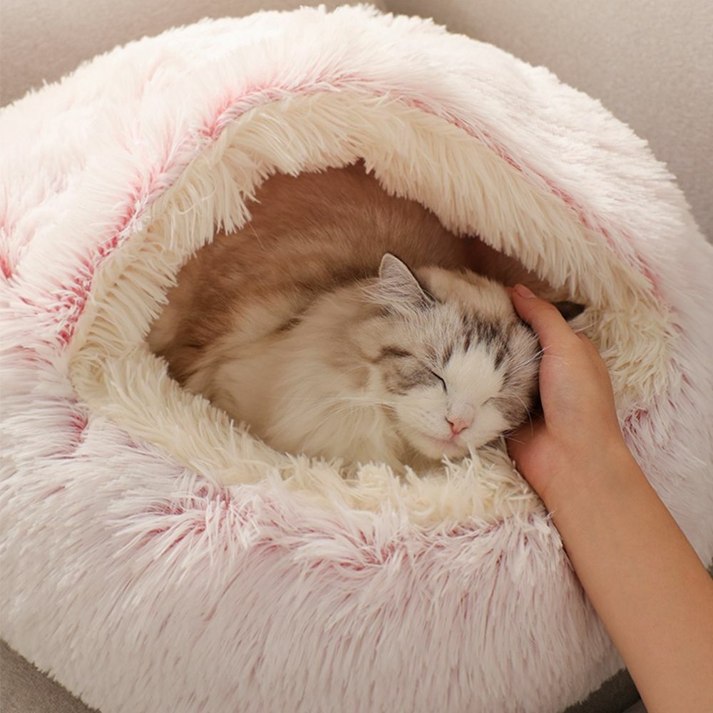 Hooded Cat Bed with Raised Rim – Plush Donut Nest for Anxious Cats, Semi-Enclosed Design for Security