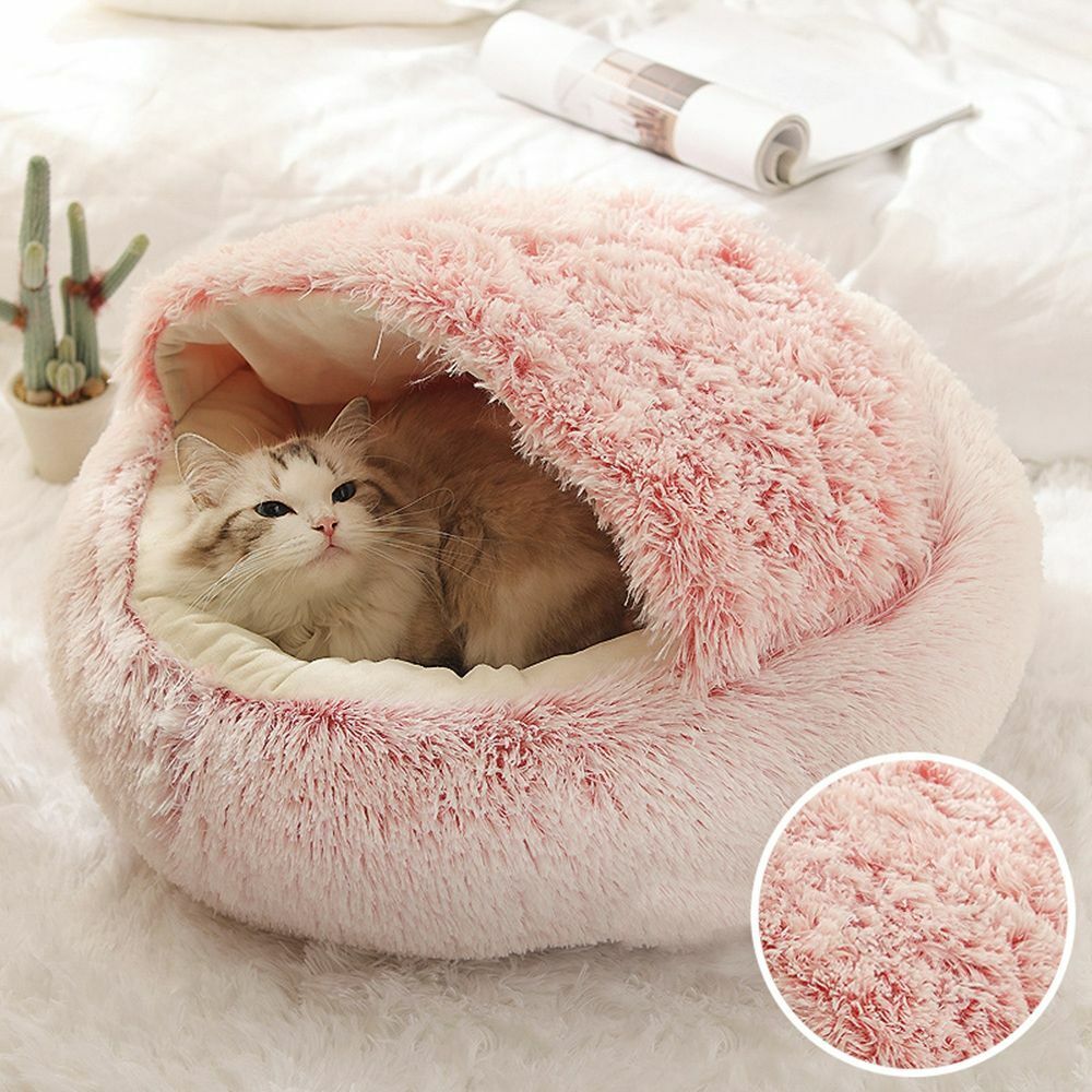 Hooded Cat Bed with Raised Rim – Plush Donut Nest for Anxious Cats, Semi-Enclosed Design for Security
