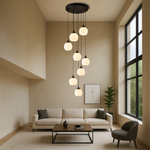 Multi-Drop Glass Globe Stairwell Fixture with Height-Adjustable Cable System for Vertical Spaces Black LED Illumination Mezzanine Entryway F