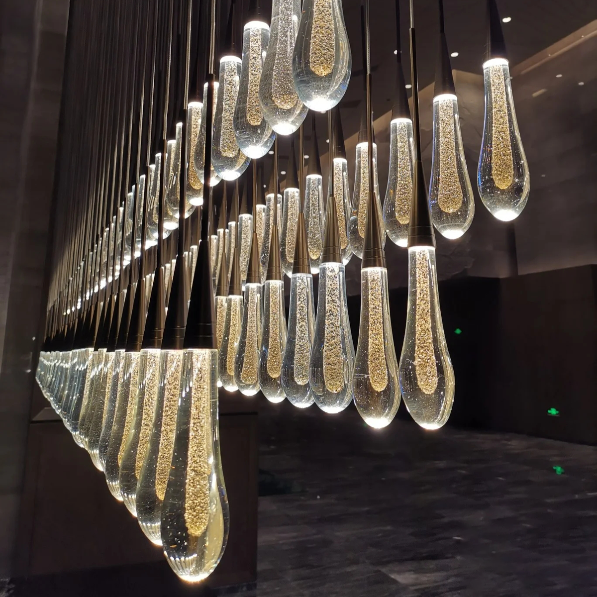 Cascading Raindrop Linear LED Chandelier – Textured Glass Orbs, Adjustable Height, Vaulted Ceiling Ready – 37 to 120 Inch Options