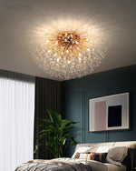 Flush Mount Ceiling Light with Crystal Dandelion Design – 16 in Gold & Silver Fixture for Bedroom, Hallway, Bathroom