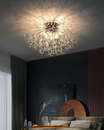 Flush Mount Ceiling Light with Crystal Dandelion Design – 16 in Gold & Silver Fixture for Bedroom, Hallway, Bathroom
