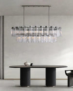 Oval Glass Panel Chandelier with Metal Frame 4-17 Lights Adjustable Height for Dining Room & Entryway