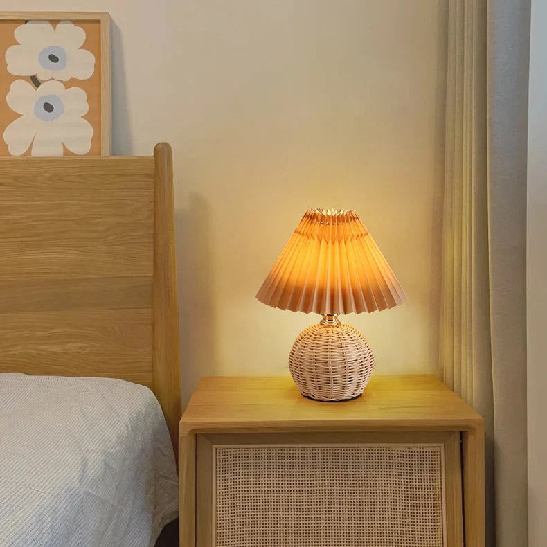 Boho Rattan Pleated Cone Table Lamp