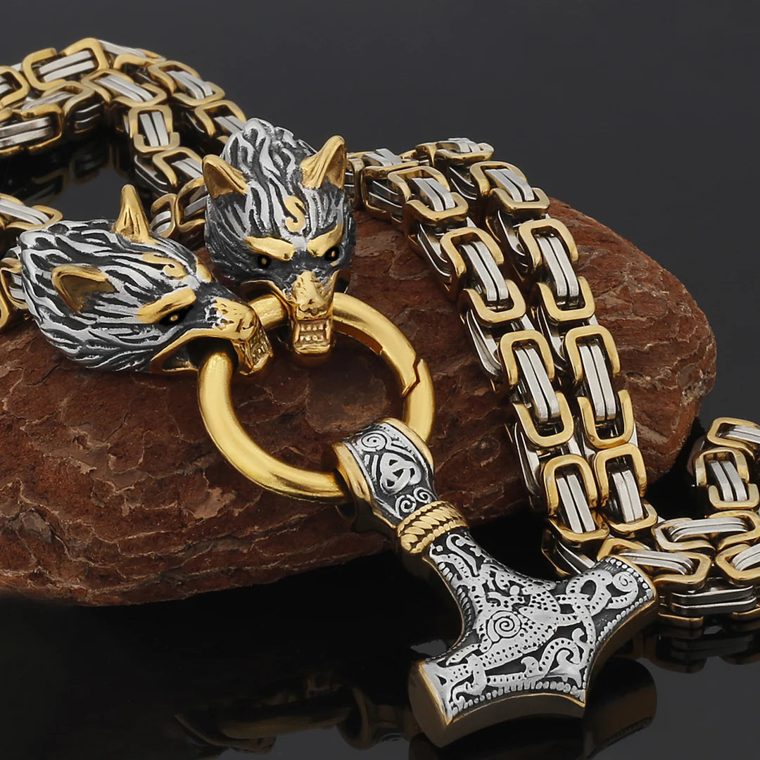 Metallic Wolf Pendant Necklace with Thor Hammer Charm