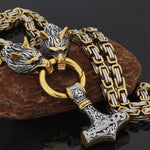 Metallic Wolf Pendant Necklace with Thor Hammer Charm