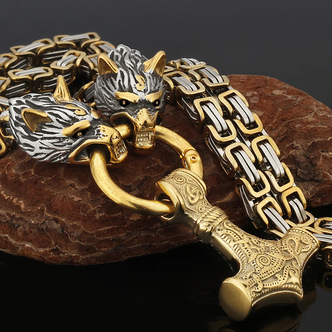 Metallic Wolf Pendant Necklace with Thor Hammer Charm