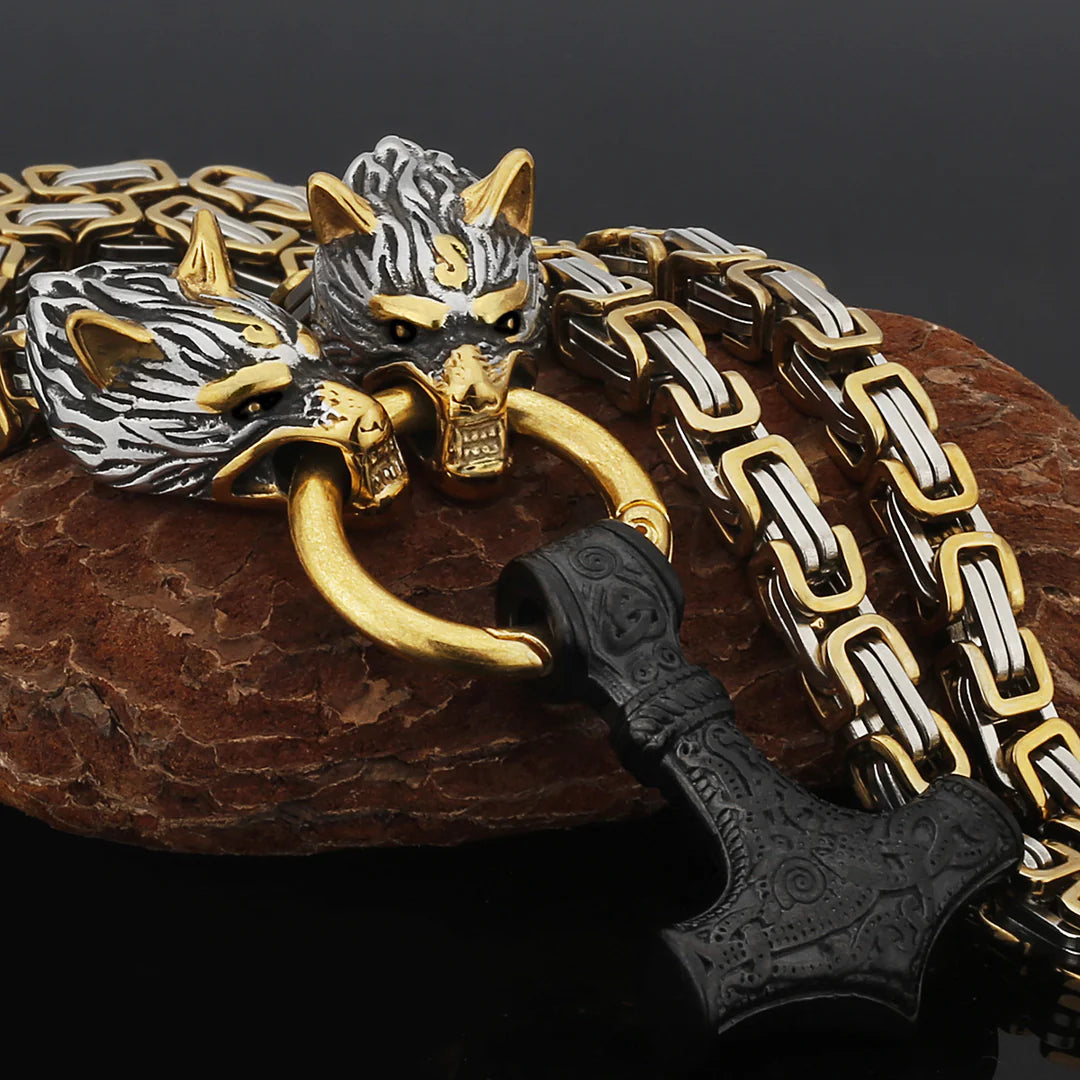 Metallic Wolf Pendant Necklace with Thor Hammer Charm