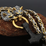 Metallic Wolf Pendant Necklace with Thor Hammer Charm