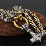 Metallic Wolf Pendant Necklace with Thor Hammer Charm