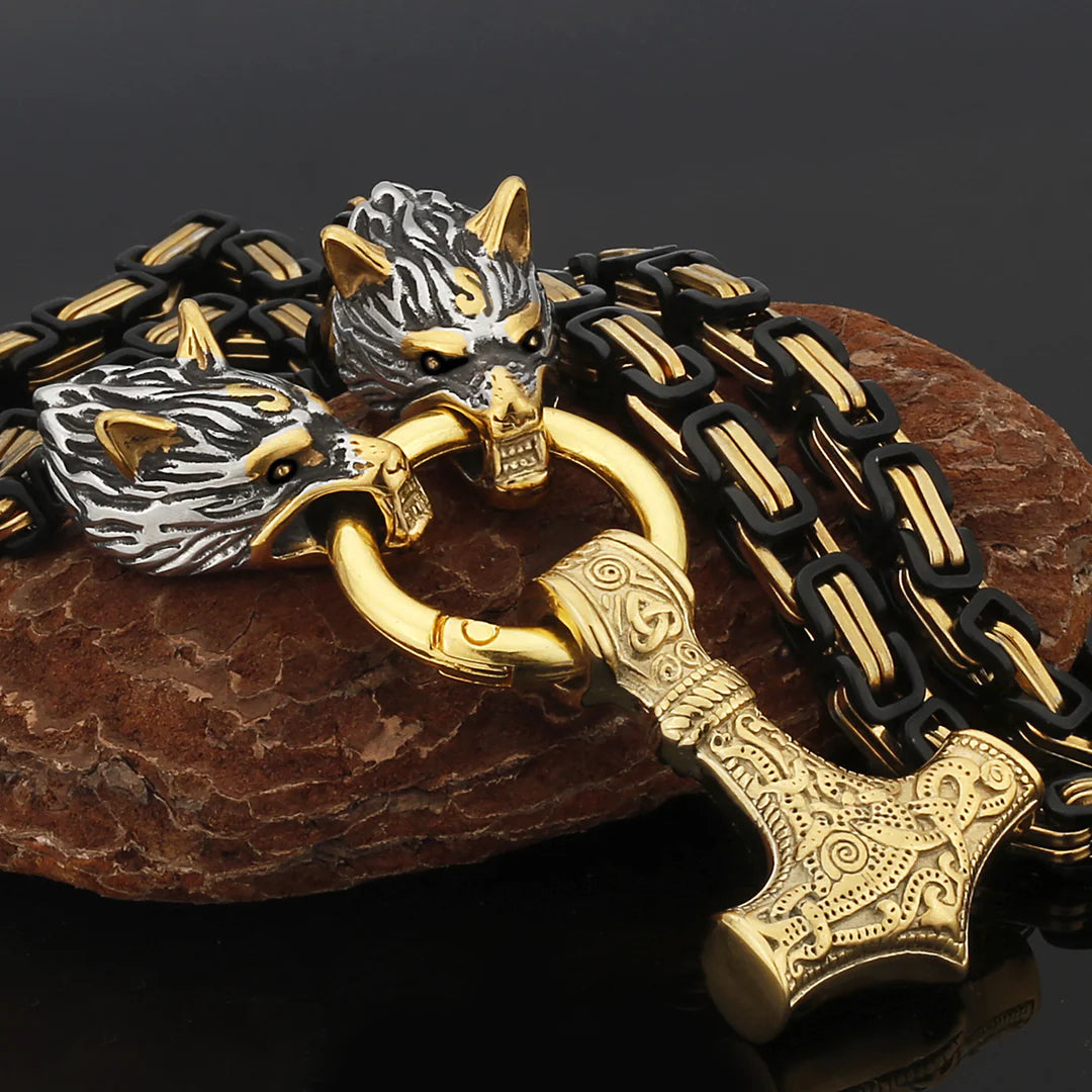 Metallic Wolf Pendant Necklace with Thor Hammer Charm