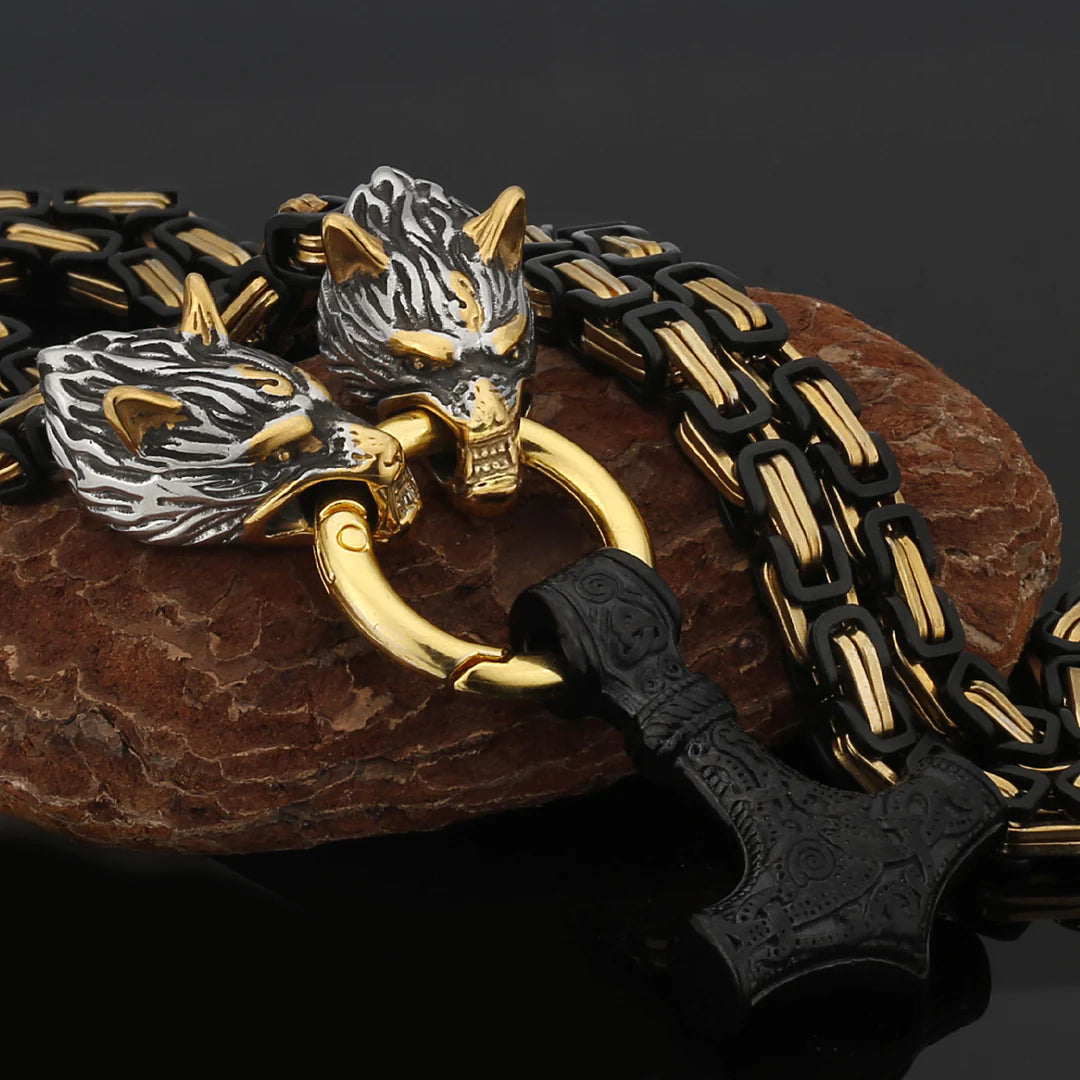 Metallic Wolf Pendant Necklace with Thor Hammer Charm