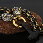 Metallic Wolf Pendant Necklace with Thor Hammer Charm
