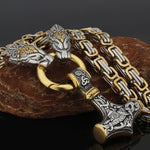 Metallic Wolf Pendant Necklace with Thor Hammer Charm