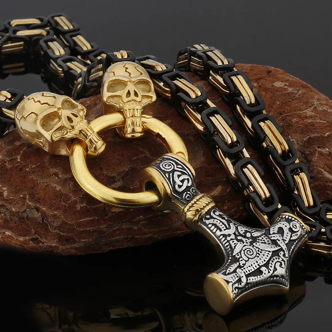 Metallic Wolf Pendant Necklace with Thor Hammer Charm