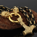 Metallic Wolf Pendant Necklace with Thor Hammer Charm