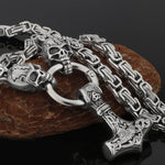 Metallic Wolf Pendant Necklace with Thor Hammer Charm