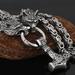 Metallic Wolf Pendant Necklace with Thor Hammer Charm
