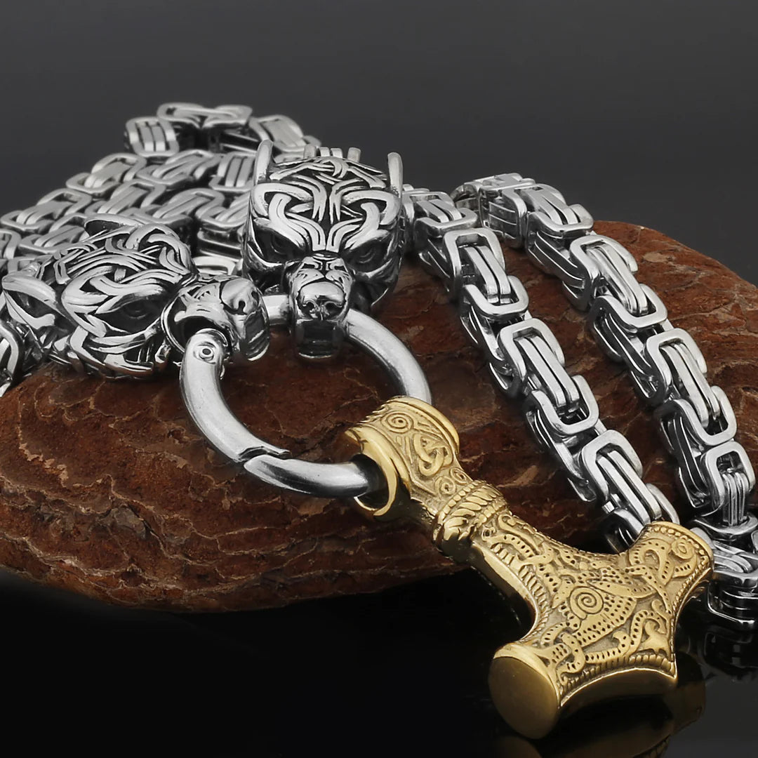 Metallic Wolf Pendant Necklace with Thor Hammer Charm