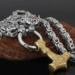 Metallic Wolf Pendant Necklace with Thor Hammer Charm