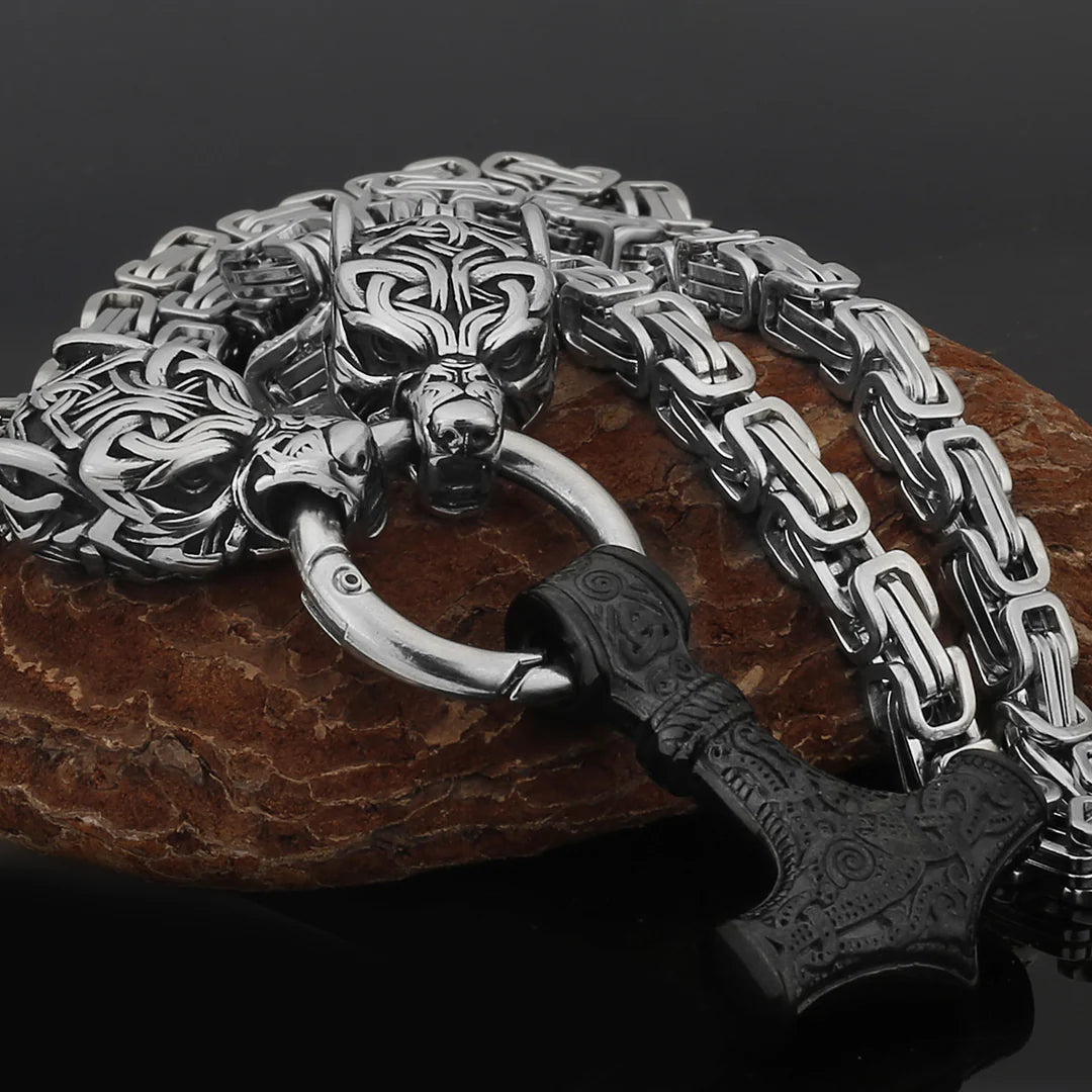 Metallic Wolf Pendant Necklace with Thor Hammer Charm