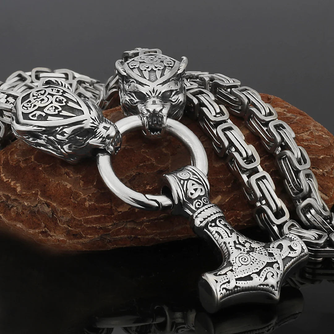 Metallic Wolf Pendant Necklace with Thor Hammer Charm