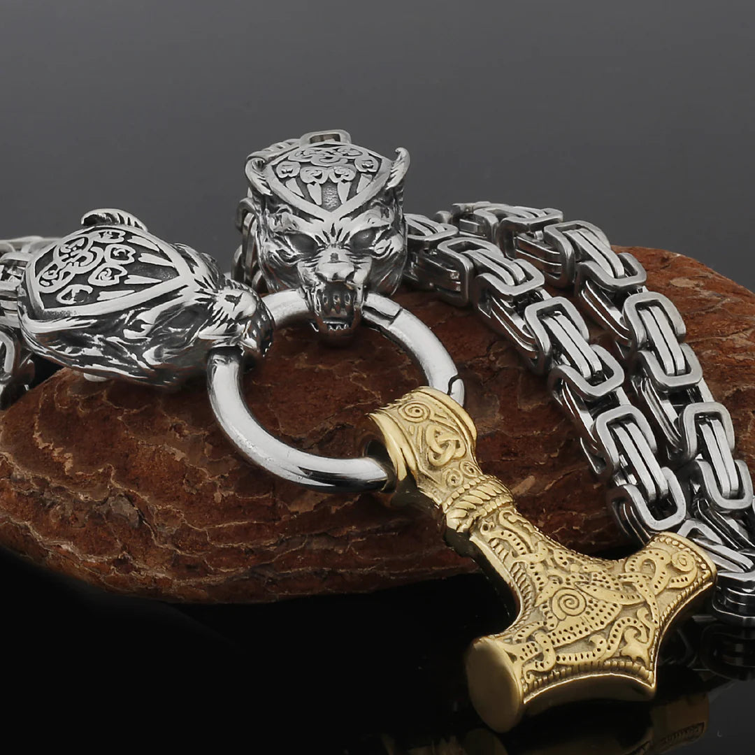 Metallic Wolf Pendant Necklace with Thor Hammer Charm