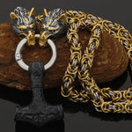 Metallic Wolf Pendant Necklace with Thor Hammer Charm