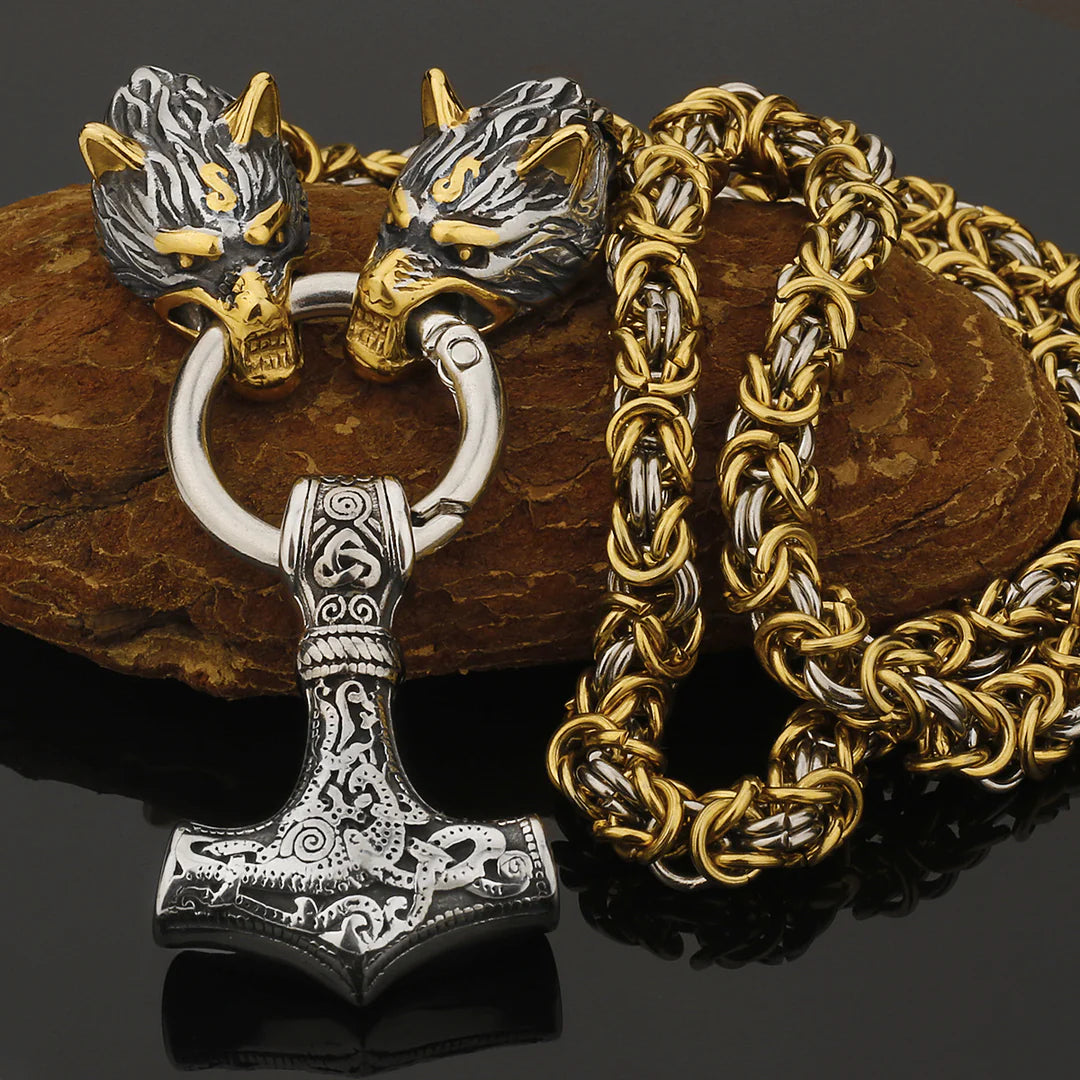 Metallic Wolf Pendant Necklace with Thor Hammer Charm