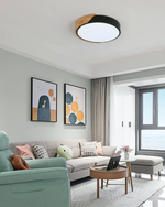 Round Flush Mount Ceiling Light with Wood Accent and Integrated LED – Modern Low Profile Fixture in 9, 12, 16, 20, and 24 inch Sizes for Liv