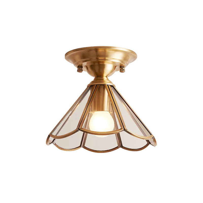 Brass Semi-Flush Mount Ceiling Light with Scalloped Dome Shade – Single Socket Colonial Style for Hallway, Bedroom & Kitchen