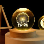 3D Engraved Crystal Planet Sphere Night Light on Wood Base USB Powered Desk Lamp Warm White LED Glow for Bedroom Living Room Nursery Space
