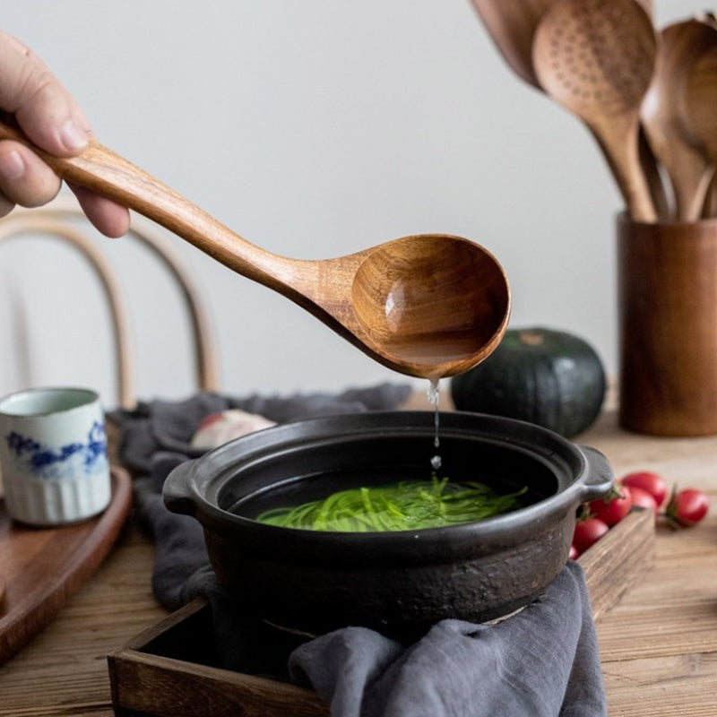 Natural Wood Kitchen Utensil Set with Teak Handle