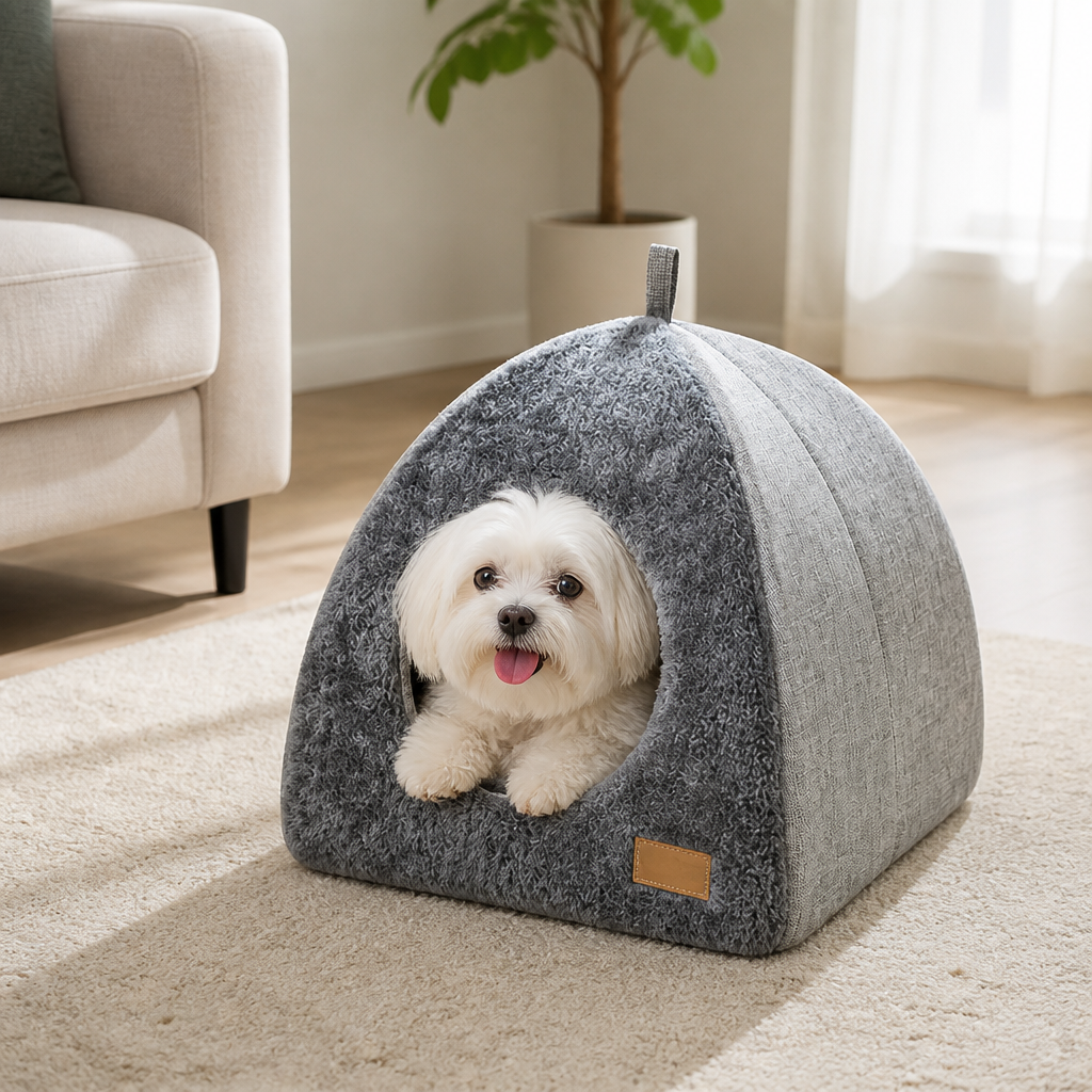Dotisk Enclosed Triangular Plush Cat Bed