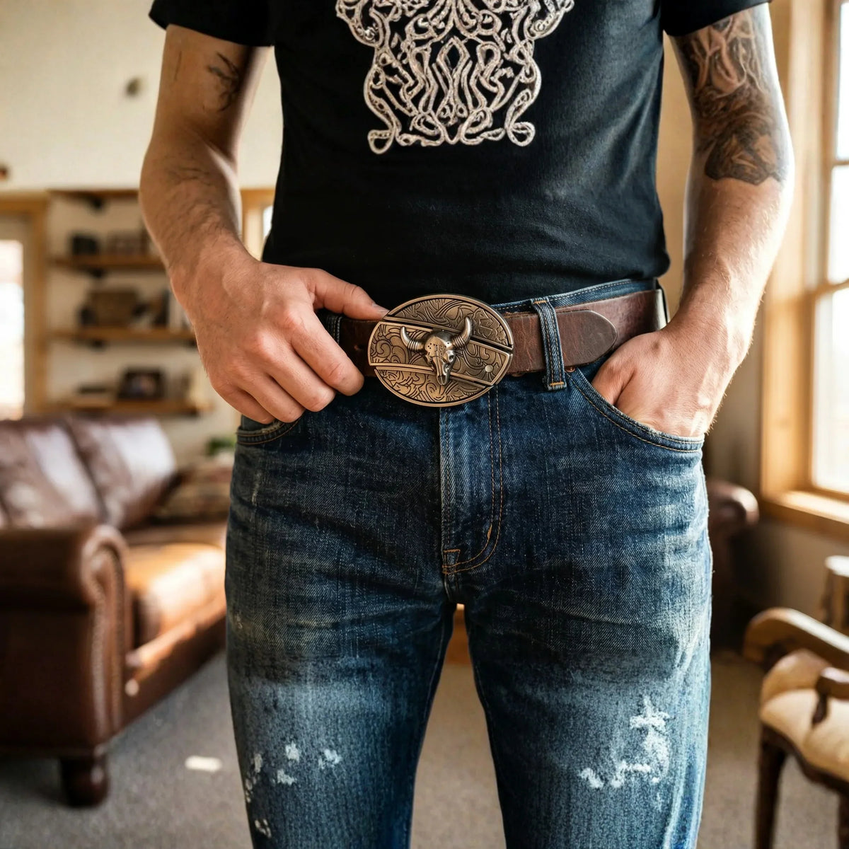 Oval Bull Skull Belt Buckle with Hidden Knife