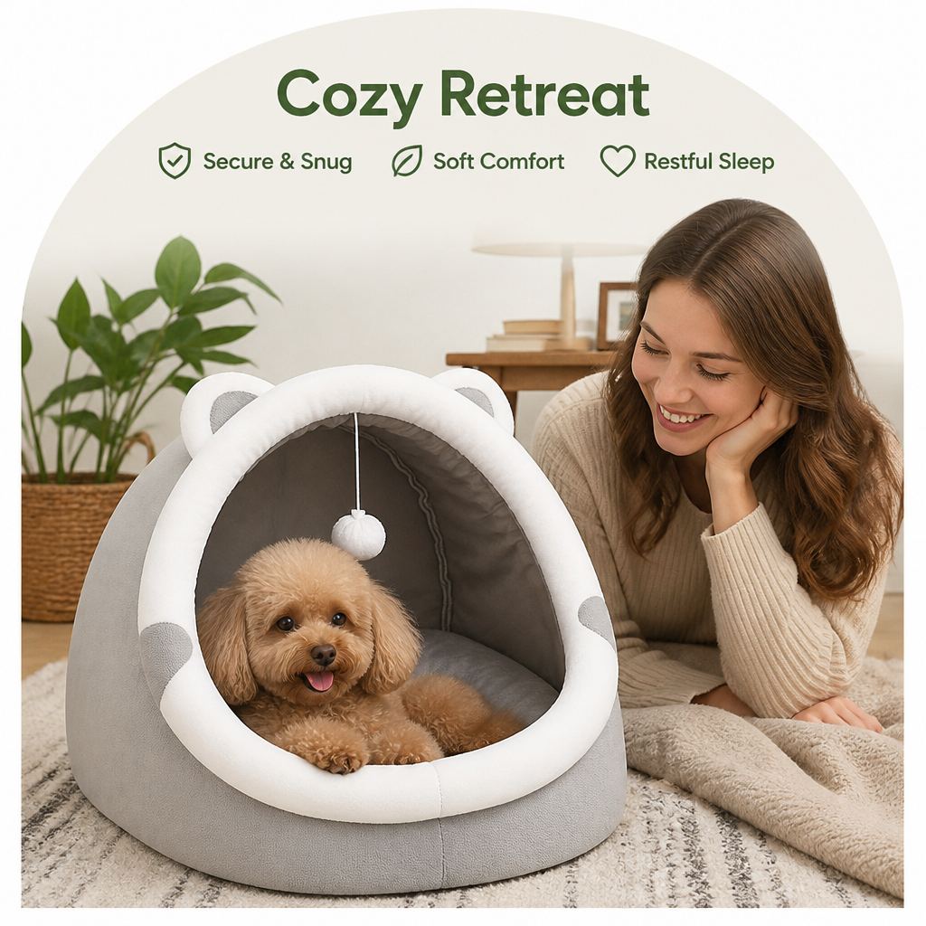 Dotisk Plush Polyester & Washable Pet Cave Bed