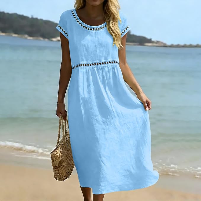Relaxed Linen Summer Midi Dress with Hollow Out Detail and Flared Sleeves