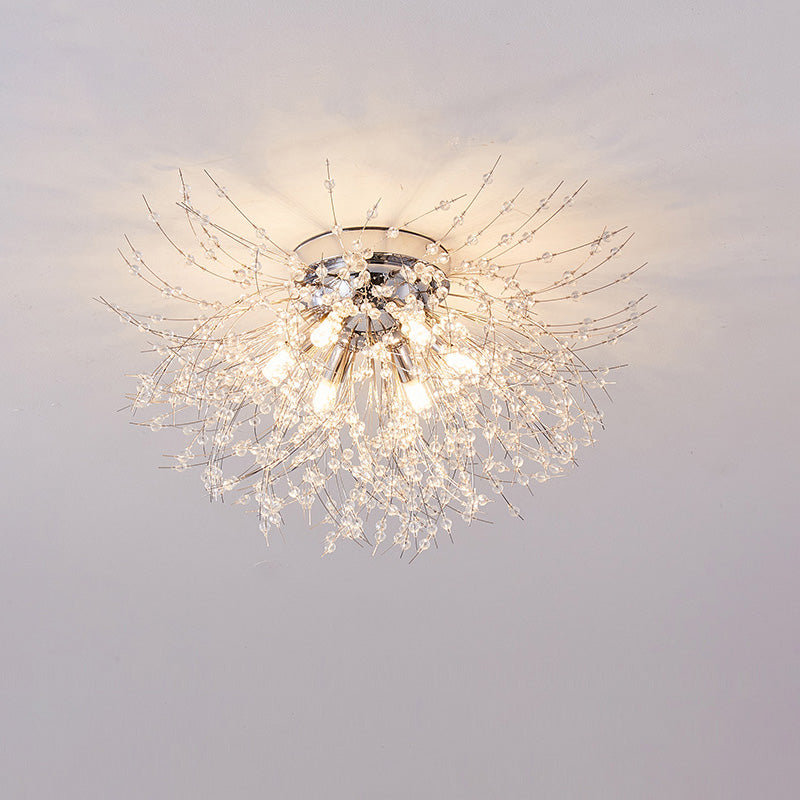 Flush Mount Ceiling Light with Crystal Dandelion Design – 16 in Gold & Silver Fixture for Bedroom, Hallway, Bathroom