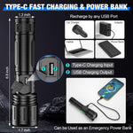 Ultra-Bright Tactical LED Torch 100000 Lumens Rechargeable USB-C Zoomable Waterproof for Camping Hiking Emergency Backup Power Bank Aluminum