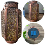 Sun-Charged Metal Garden Lantern with Cutout Moroccan Design for Porch, Deck & Yard Lighting