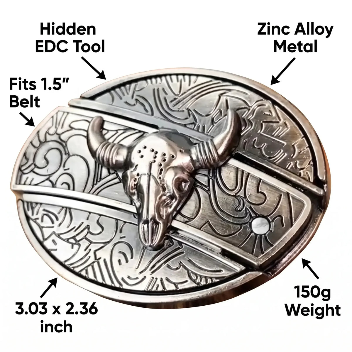 Oval Bull Skull Belt Buckle with Hidden Knife