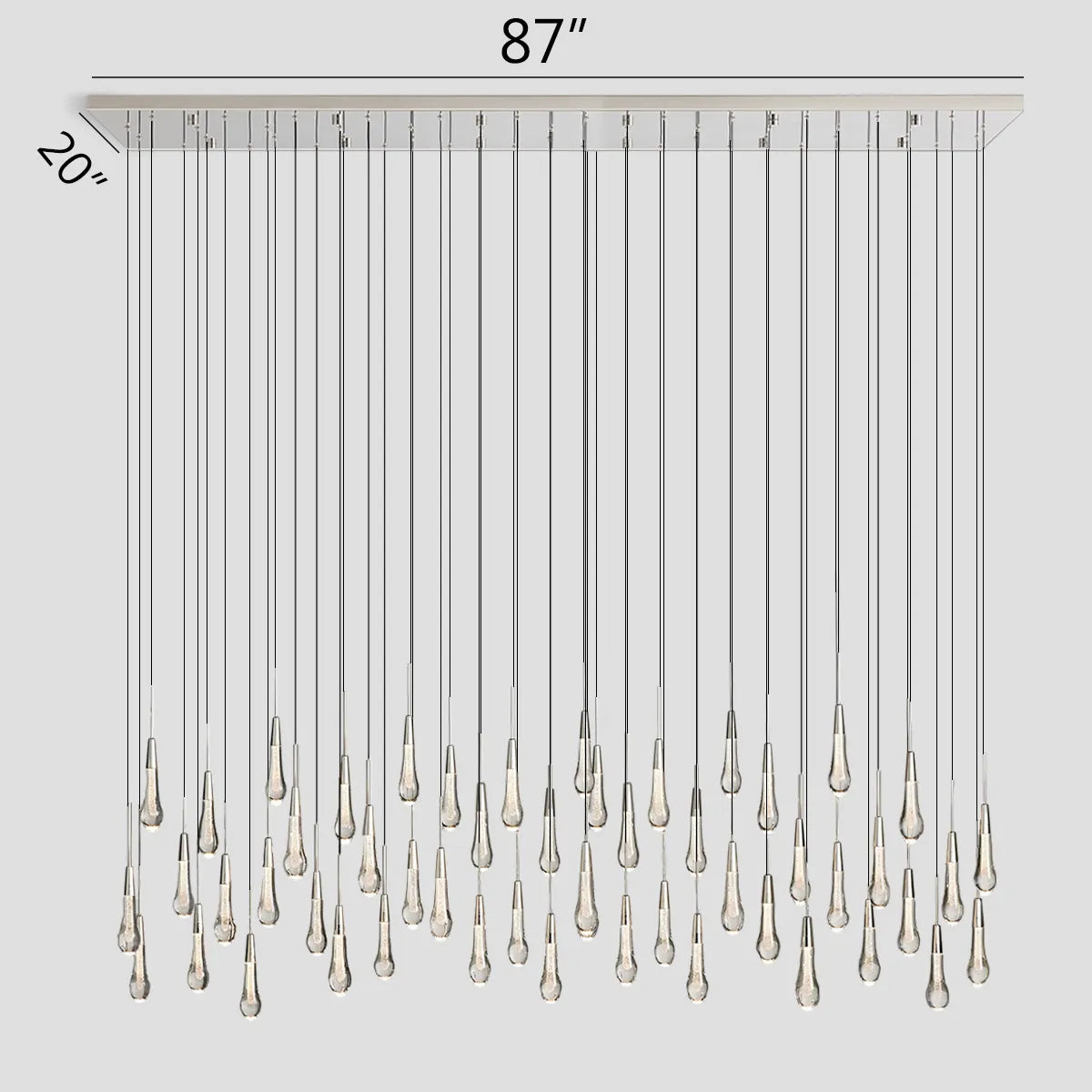 Cascading Raindrop Linear LED Chandelier – Textured Glass Orbs, Adjustable Height, Vaulted Ceiling Ready – 37 to 120 Inch Options
