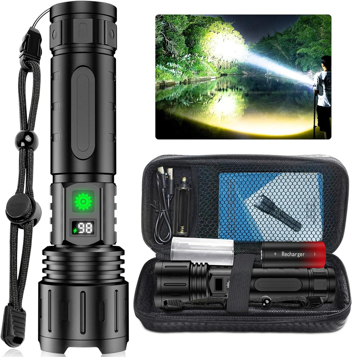 Ultra-Bright Tactical LED Torch 100000 Lumens Rechargeable USB-C Zoomable Waterproof for Camping Hiking Emergency Backup Power Bank Aluminum