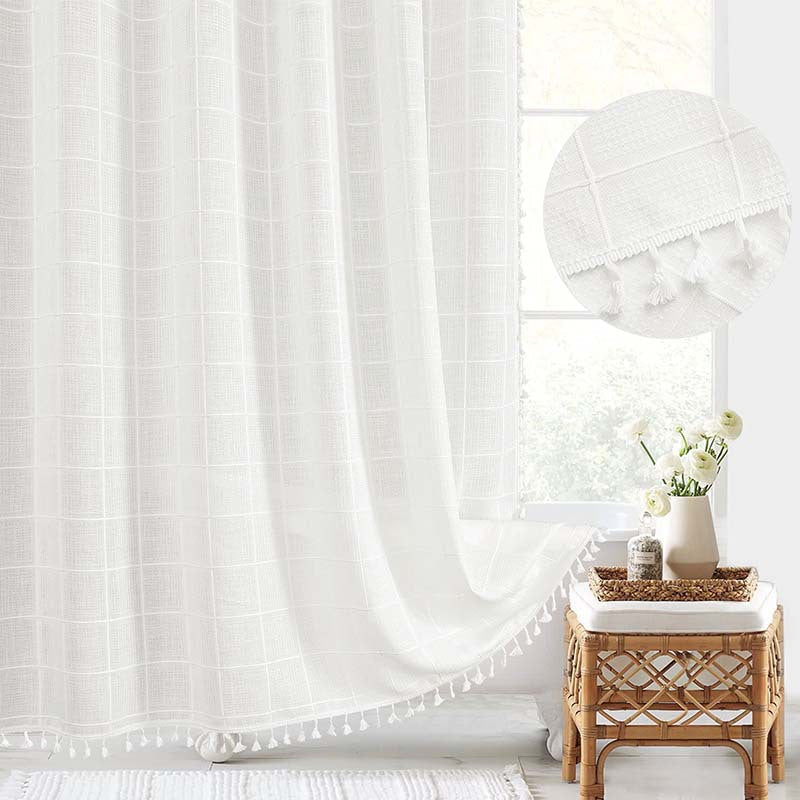 Water-Resistant Bath Curtain with Tassel Trim 71 x 79 Inches Gray Woven Linen Privacy Screen for Bohemian Bathrooms Country Style Decor Machine W