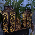Sun-Charged Metal Garden Lantern with Cutout Moroccan Design for Porch, Deck & Yard Lighting