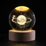3D Engraved Crystal Planet Sphere Night Light on Wood Base USB Powered Desk Lamp Warm White LED Glow for Bedroom Living Room Nursery Space