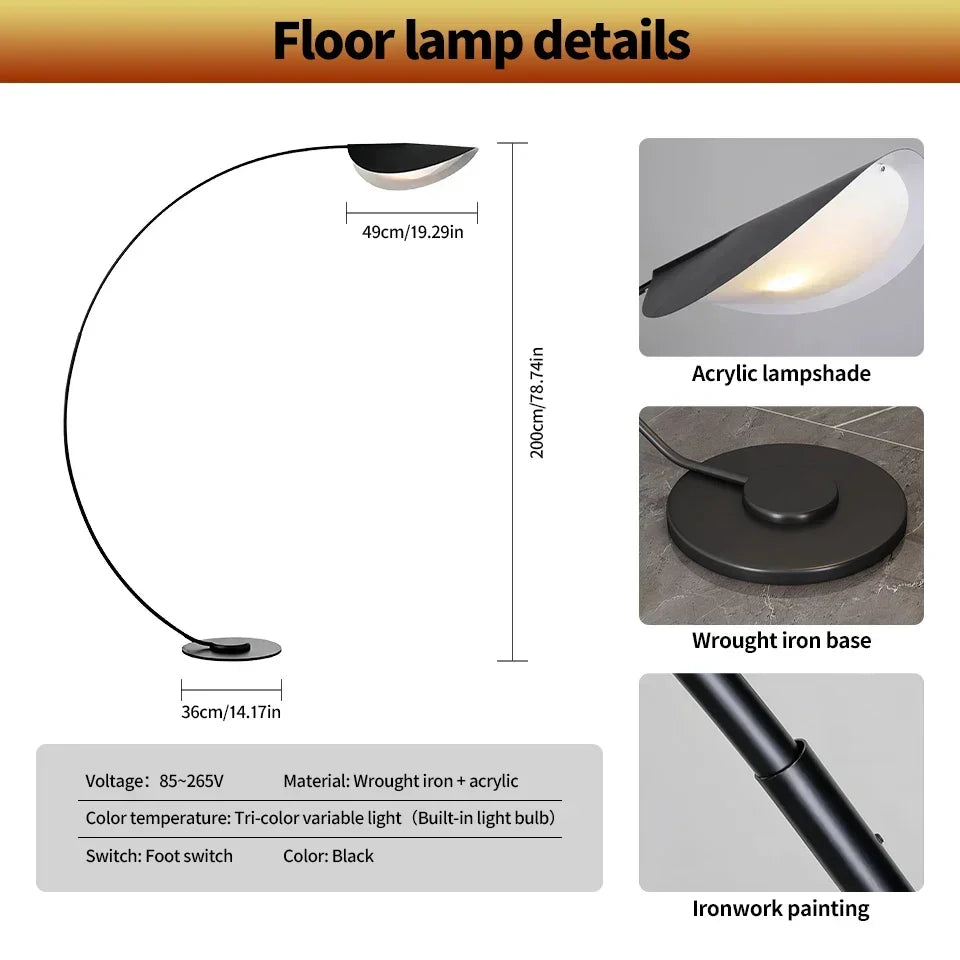 Arched Standing Lamp with Organic Leaf Shade Tri-Temperature Adjustable Black Metal Frame for Reading & Ambient Lighting