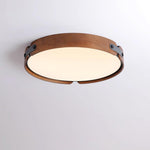 Flush Mount LED Wood Ceiling Light 16.5 in Wireless Dimmer Remote Control for Bedroom Bathroom Hallway Indoor Natural Walnut Finish Low Prof