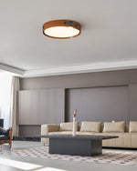 Flush Mount LED Wood Ceiling Light 16.5 in Wireless Dimmer Remote Control for Bedroom Bathroom Hallway Indoor Natural Walnut Finish Low Prof